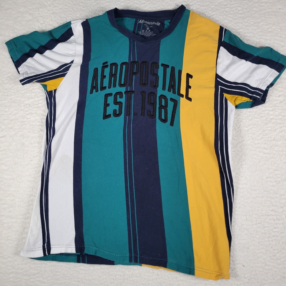 Aeropostale T Shirt Mens XL Teal Yellow Navy Striped Embroidered Est 1987 Tee